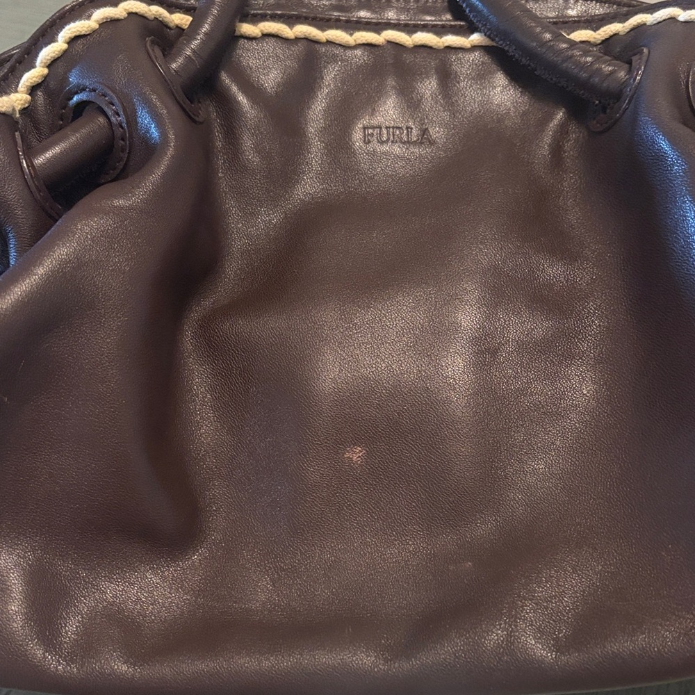 Furla/Certificate of Authenticity- Dark Brown Leather Satchel Cream Braided Trim - Picture 11 of 12